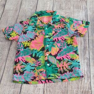 Cat & Jack Tropical Print Kids Hawaiian Shirt - Green, Pink, and Black XS